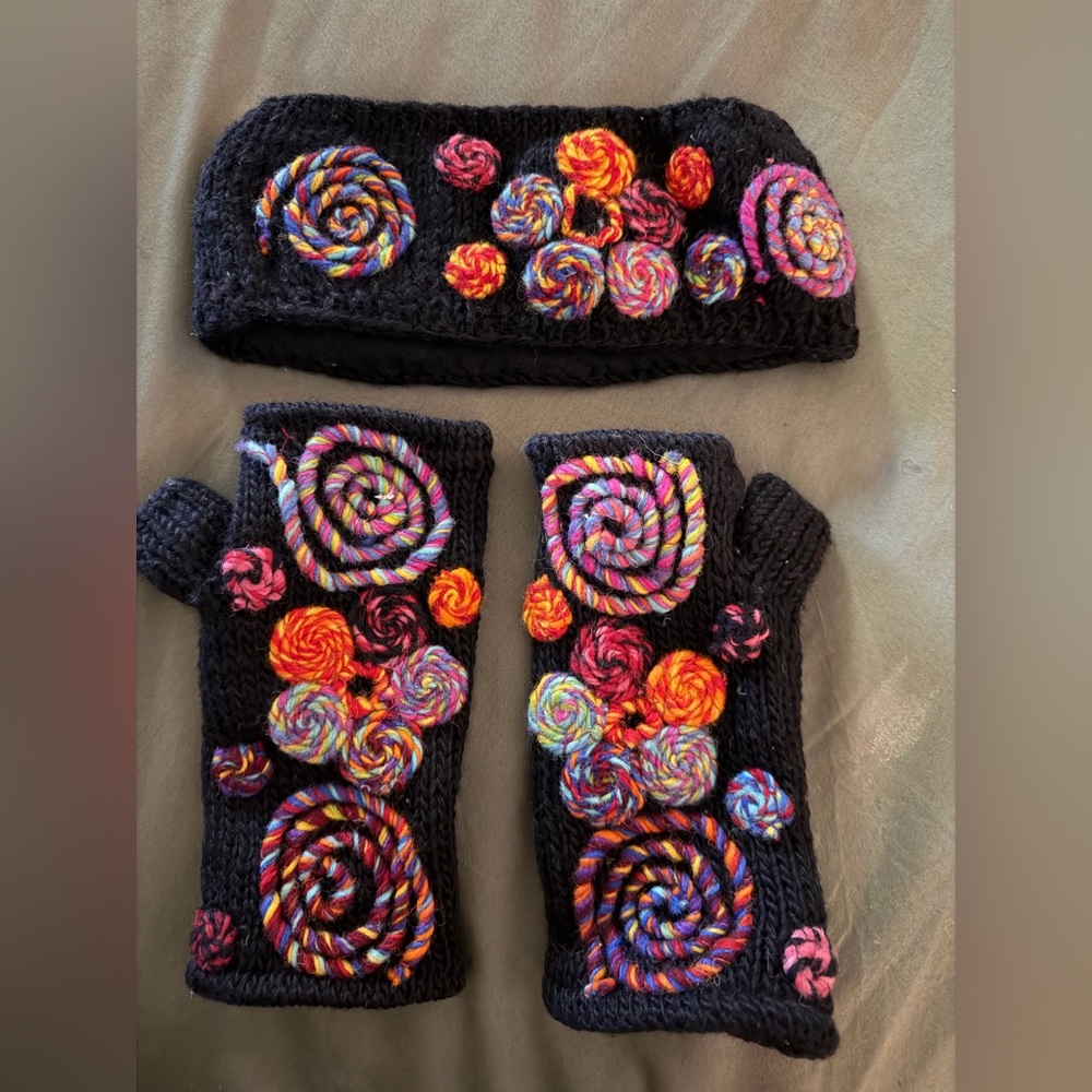 Vibrant Swirl Knit Headband and Fingerless Gloves
